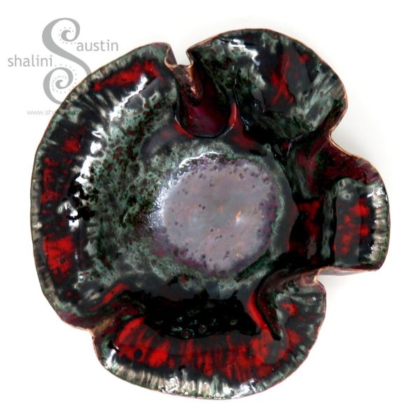 Red Enamel Beaten Copper Bowl RUFFLES (07) - Image 4