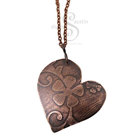 Embossed Copper Heart Pendant 02 | Floral Design